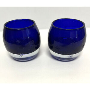 Cobalt Blue Glass Cut Poland Starburst Round Heavy Candle Holders Set of Two